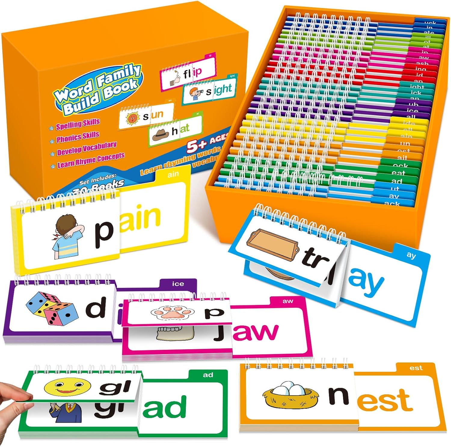 Phonics Card Game - フォニックスフラッシュカード単語ファミリー組み立てブック 読み方学習 30冊の韻付きフリップブック 幼稚園児向け英語学習ブック