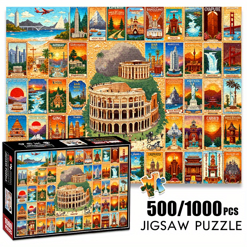 Puzzle Map World - 500/1000ピース ペーパージグソーパズル ヴィンテージ世界ランドマークマップ 大型パズルおもちゃ 大人向けゲーム ギフト