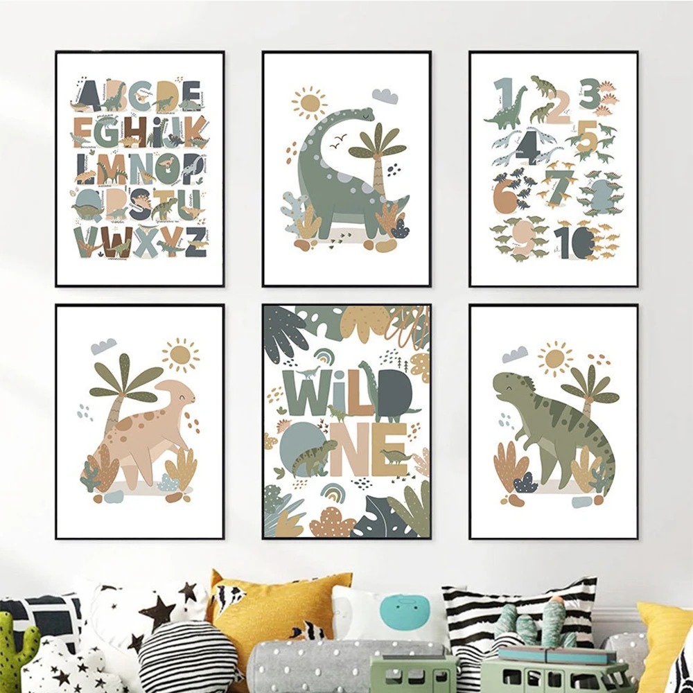 Kids Education Alphabet Numbers - 北欧風のかわいい赤ちゃん恐竜のウォールアートキャンバス絵画、アルファベットと数字の保育園教育用ポスタープリント、子供部屋の装飾用絵画