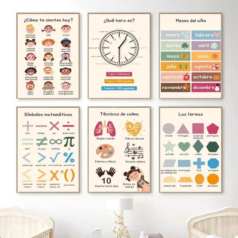 Kids Education Alphabet Numbers - ボヘミアンスタイルのウォールアート、数字とアルファベット学習ポスター、スペイン語教育ポスターとプリント、子供や幼児のプレイルーム装飾、キャンバス絵画